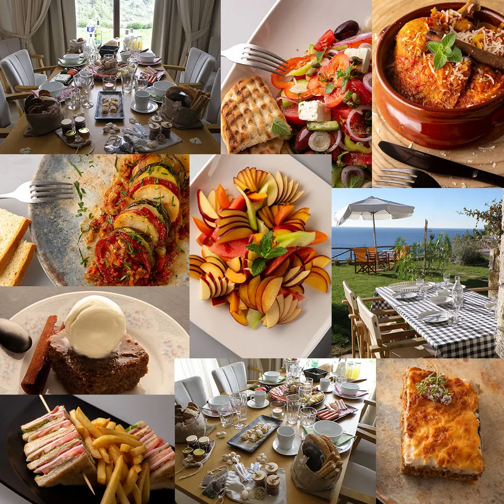 Breakfast and dishes from the all day dining menu: Greek salad, fruit, pastries, sandwiches